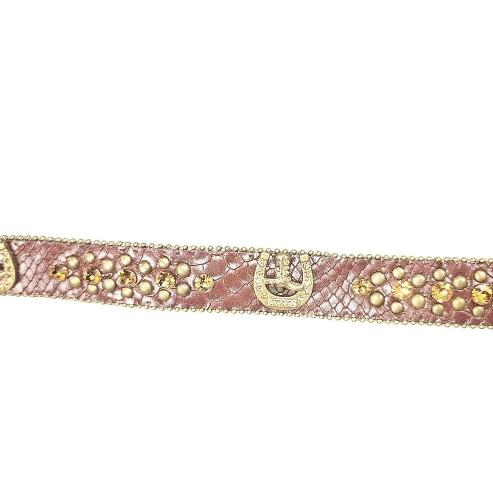 Western Brown Snakeskin Leather Rhinestone Horseshoe Belt Gold Studded CB1006
